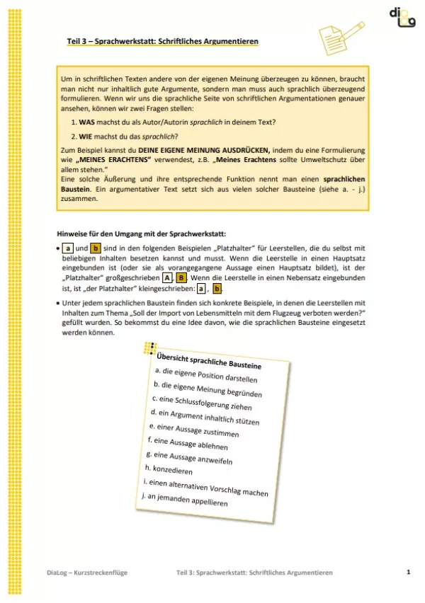 Arbeitsblatt: Kurzstreckenflüge | MonoDiaLog und MultiDiaLog | Teil 3: Sprachwerkstatt: Schriftliches Argumentieren