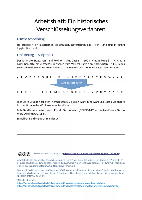 Arbeitsblatt: B5-1 Verschlüsselung - Arbeitsblatt: Ein historisches Verschlüsselungsverfahren