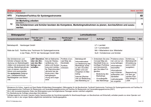 Unterrichtsplanung: Zielanalyse Lernfeld 12 - Im Marketing arbeiten (DOCX)