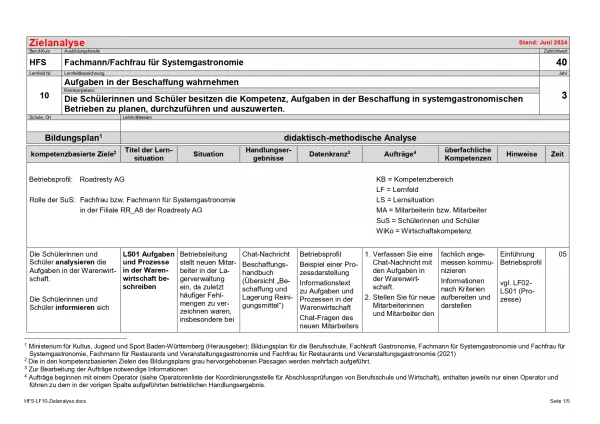 Unterrichtsplanung: Zielanalyse Lernfeld 10 - Aufgaben in der Beschaffung wahrnehmen (PDF, barrierefrei)