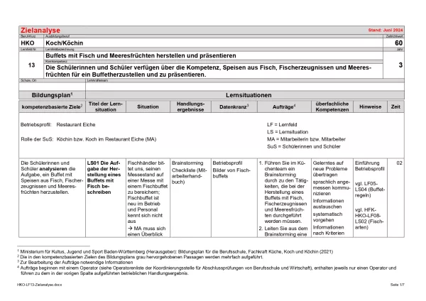 Unterrichtsplanung: Zielanalyse Lernfeld 13 - Buffets mit Fisch und Meeresfrüchten herstellen und präsentieren (PDF, barrierefrei)
