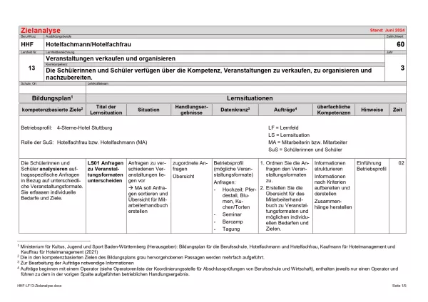 Unterrichtsplanung: Zielanalyse Lernfeld 13 - Veranstaltungen verkaufen und organisieren (PDF, barrierefrei)