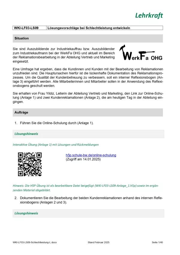 Unterrichtsplanung: Lernsituation Lernfeld 3 - Lösungsvorschläge bei Schlechtleistung entwickeln (Version Lehrkraft) (PDF, barrierefrei)