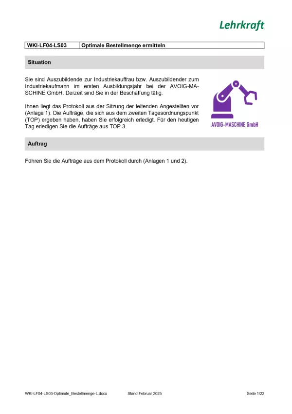 Unterrichtsplanung: Lernsituation Lernfeld 4 - Optimale Bestellmenge ermitteln (Version Lehrkraft) (DOCX)