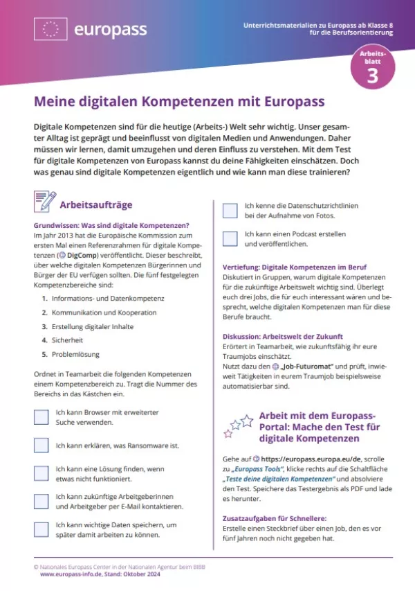 Arbeitsblatt: Meine digitalen Kompetenzen mit Europass