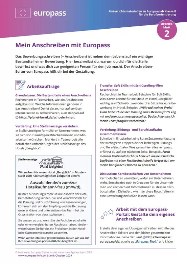 Arbeitsblatt: Mein Anschreiben mit Europass