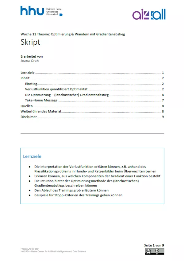 Kurs: Woche 11 | Theorie | Optimierung &amp; Wandern mit Gradientenabstieg (PDF)