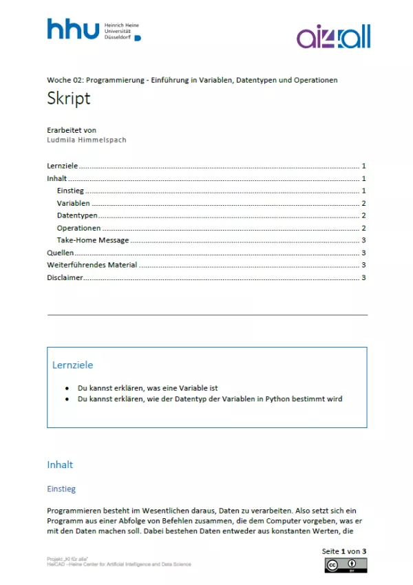 Kurs: Woche 2 | Programmierung | Einführung in Variablen, Datentypen und Operationen (PDF)