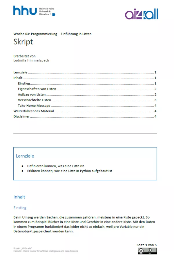 Kurs: Woche 3 | Programmierung | Einführung in Listen (PDF)