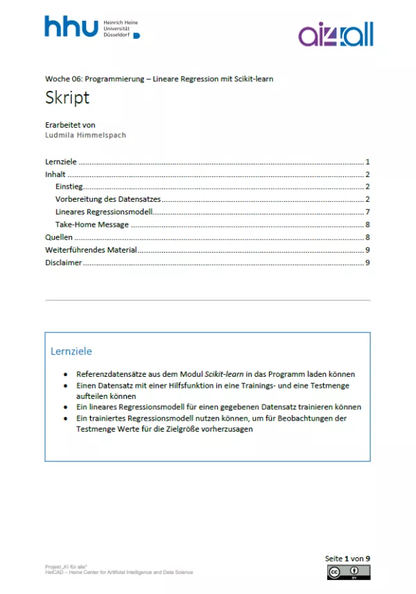 Kurs: Woche 6 | Programmierung | Lineare Regression mit Scikit-learn (PDF)