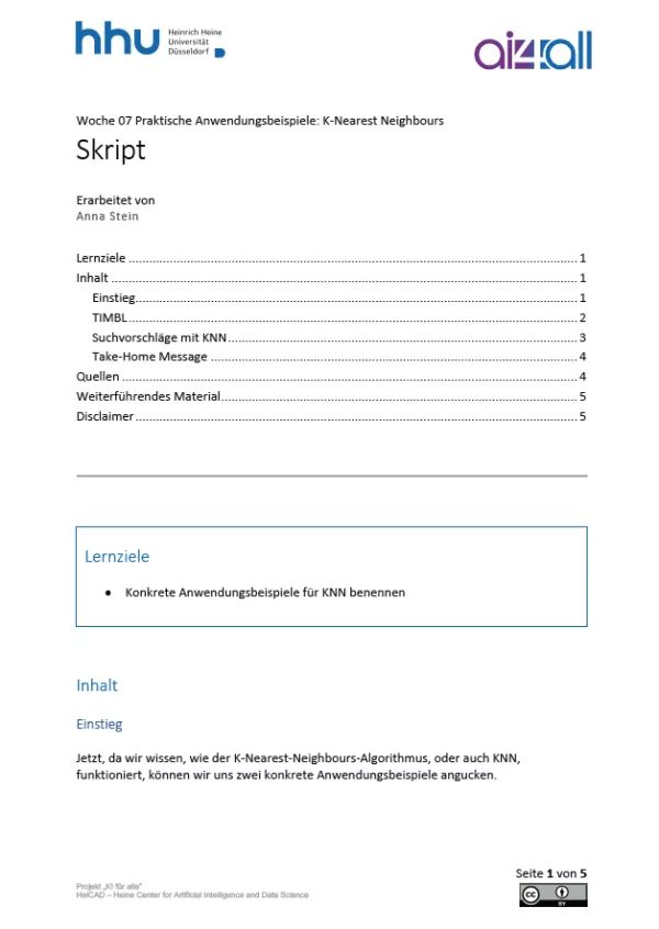 Kurs: Woche 7 | Anwendungsbeispiele | K-Nearest Neighbours (PDF)