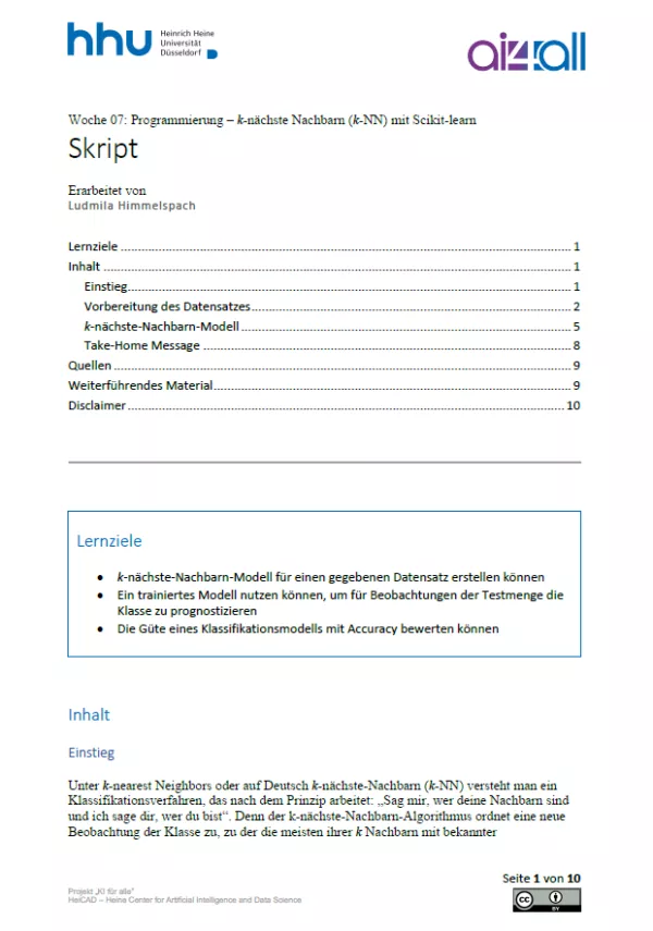 Kurs: Woche 7 | Programmierung | k-nächste Nachbarn (k-NN) mit Scikit-Learn (PDF)