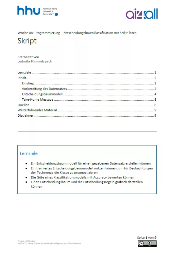 Kurs: Woche 8 | Programmierung | Entscheidungsbaumklassifikation mit Scikit-learn (PDF)
