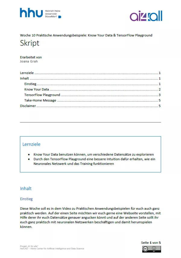 Kurs: Woche 10 | Anwendungsbeispiele | Know Your Data & TensorFlow Playground (PDF)