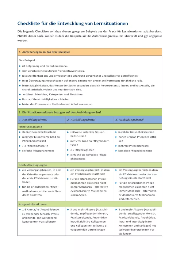 Unterrichtsplanung: Handreichung für die Pflegeausbildung am Lernort Pflegeschule | Checkliste für die Entwicklung von LS
