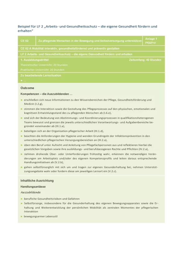 Unterrichtsplanung: Handreichung für die Pflegeausbildung am Lernort Pflegeschule | Beispiel für LF2