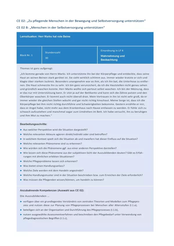 Unterrichtsplanung: Handreichung für die Pflegeausbildung am Lernort Pflegeschule | Beispiel 2 für LS CE02 B