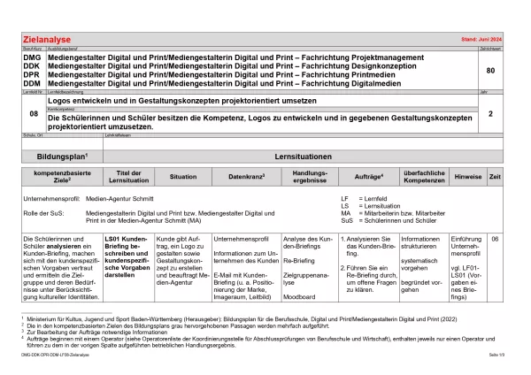 Unterrichtsplanung: Zielanalyse - Lernfeld 8 - Logos entwickeln und in Gestaltungskonzepten projektorientiert umsetzen (PDF, barrierefrei)