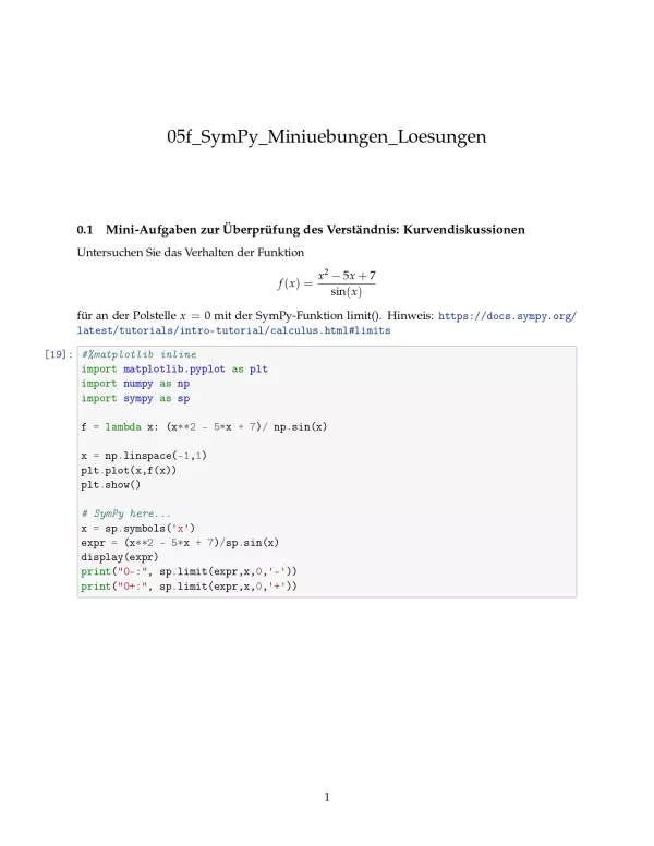 Ubung: G5f SymPy: Miniübungen: Kurvendiskussion Lösungen - Pythonkurs (PDF)