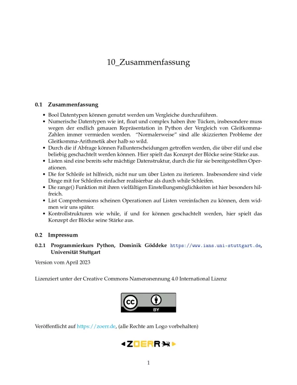 Unterrichtsbaustein: C10 Zusammenfassung des Lernmoduls - Pythonkurs (PDF)