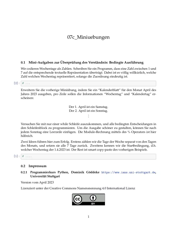 Ubung: C7c Miniübungen: Bedingte Ausführung - Pythonkurs (PDF)