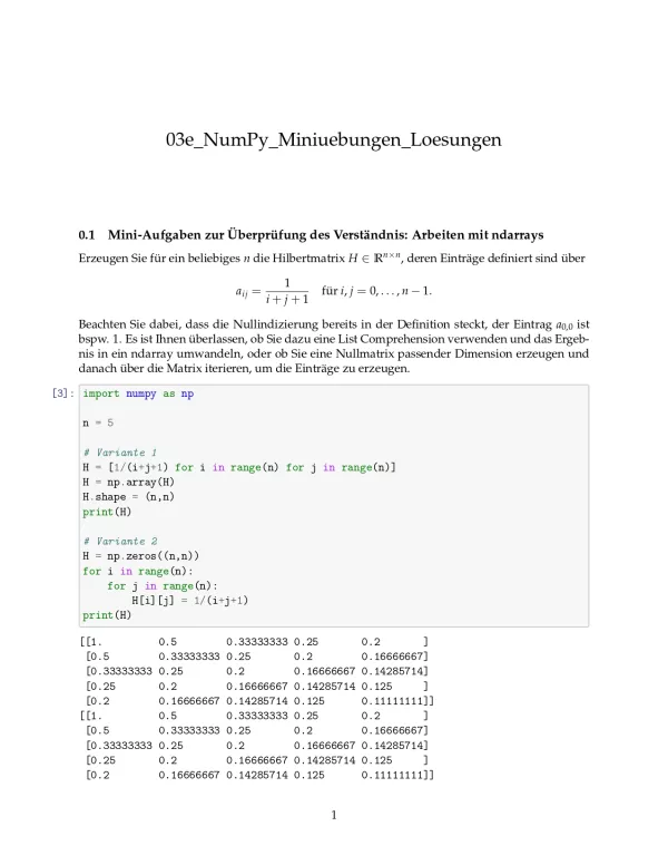 Ubung: G3e NumPy: Miniübungen: Rechnen, Indizieren und Dateien Lösungen - Pythonkurs (PDF)