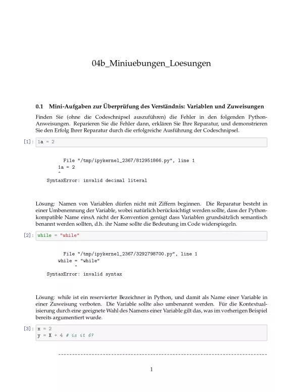 Ubung: B4b Miniübungen: Variablen und Zuweisungen Lösungen - Pythonkurs (PDF)