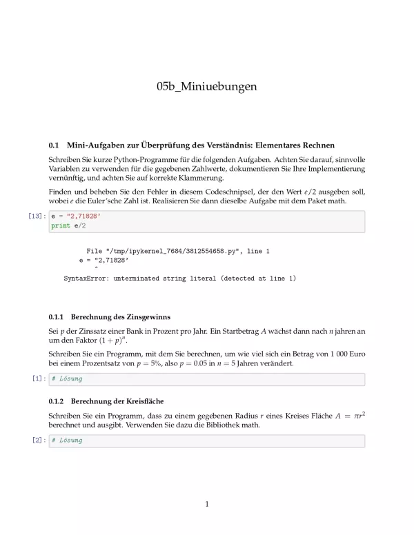Ubung: B5b Miniübungen: Elementares Rechnen - Pythonkurs (PDF)