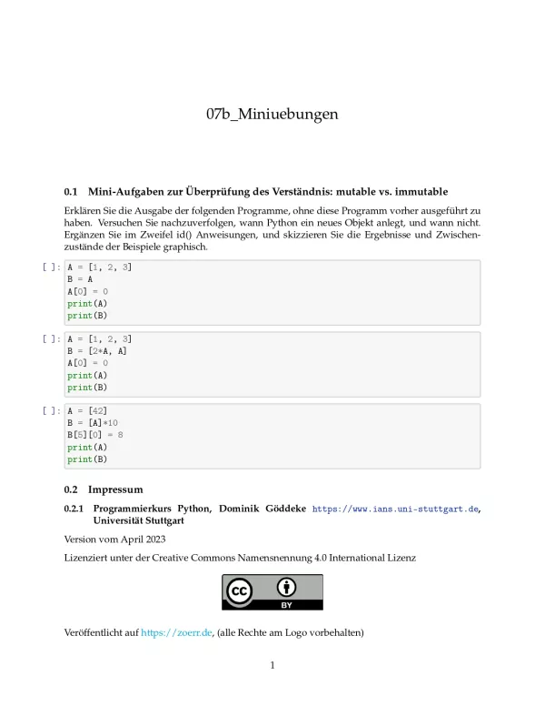Ubung: D7b Miniübungen: mutable vs. Immutable - Pythonkurs (ZIP)