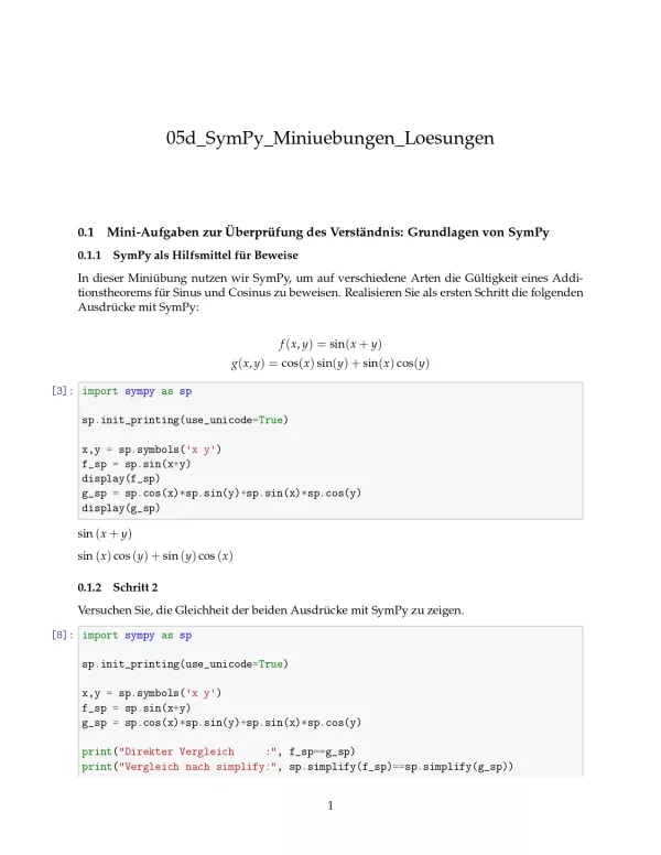 Ubung: G5d SymPy: Miniübungen: Grundlagen Lösungen - Pythonkurs (PDF)
