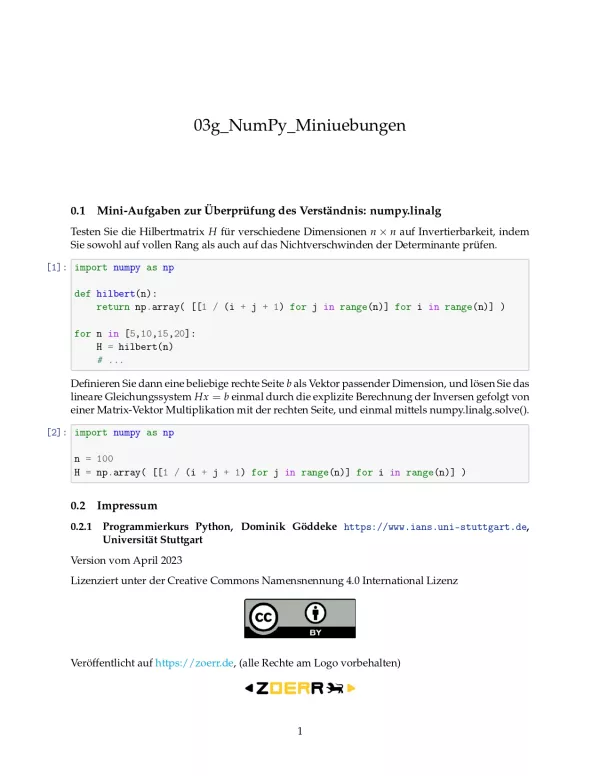 Ubung: G3g NumPy: Miniübungen: linalg - Pythonkurs (PDF)