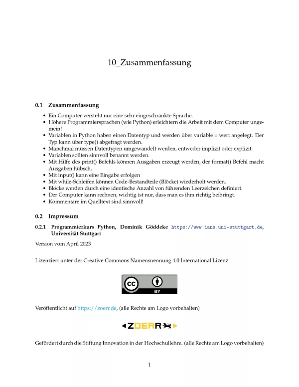 Unterrichtsbaustein: B10 Zusammenfassung des Lernmoduls - Pythonkurs