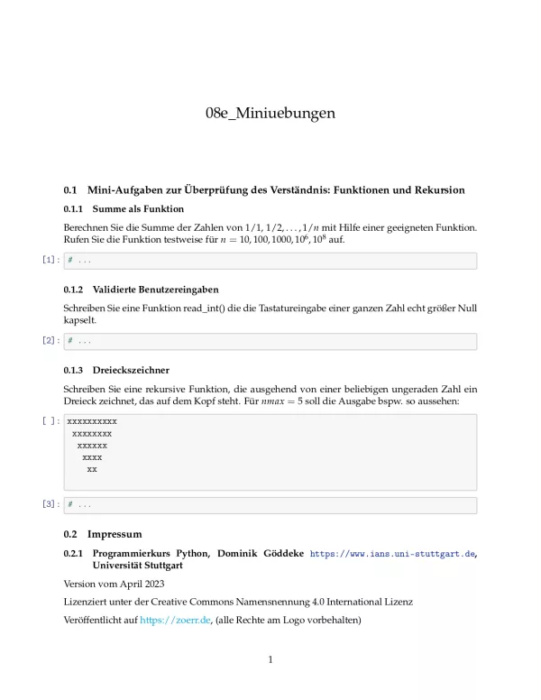 Ubung: D8e Miniübungen: Funktionen - Pythonkurs (PDF)