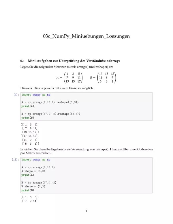 Ubung: G3c NumPy: Miniübungen: ndarrays Lösungen - Pythonkurs (PDF)
