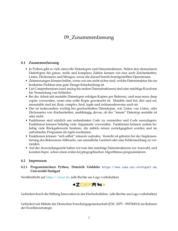 Unterrichtsbaustein: D9 Zusammenfassung des Lernmoduls - Pythonkurs