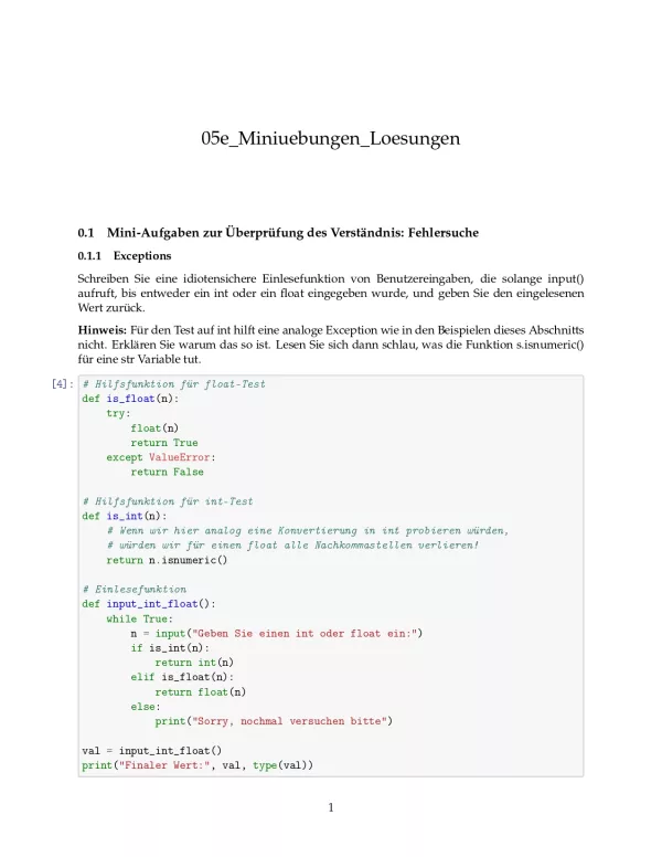 Ubung: F5e Miniübungen: Fehlersuche und Fehlerbehandlung Lösungen - Pythonkurs (PDF)