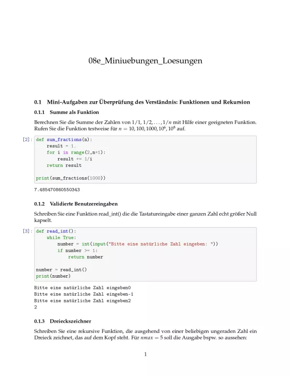 Ubung: D8e Miniübungen: Funktionen Lösungen - Pythonkurs (PDF)