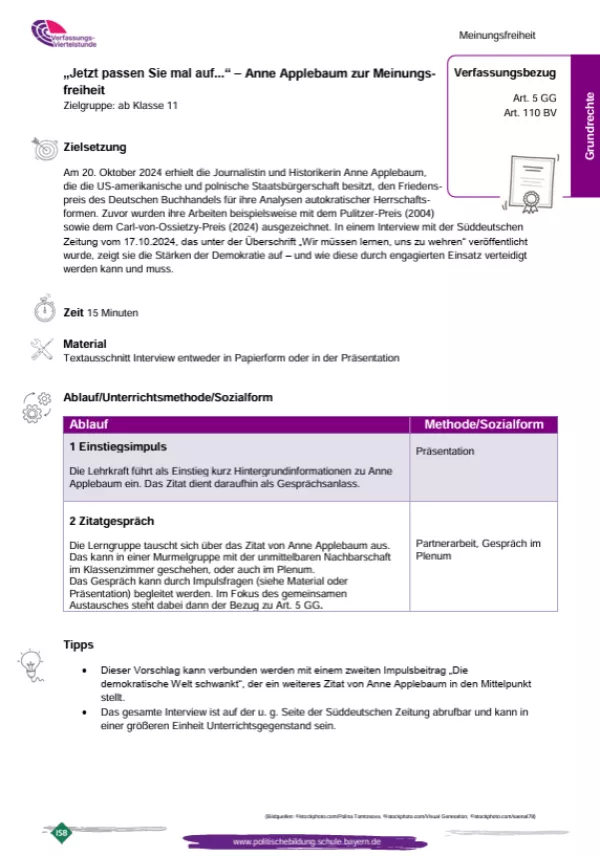 Unterrichtsplanung: "Jetzt passen Sie mal auf...“ - Anne Applebaum zur Meinungsfreiheit (PDF)