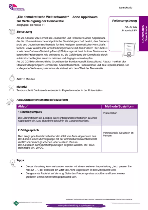 Unterrichtsplanung: „Die demokratische Welt schwankt“ - Anne Applebaum zur Verteidigung der Demokratie (PDF)