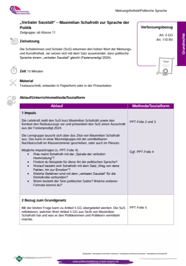 Unterrichtsplanung: „Verbaler Saustall…" - Maximilian Schafroth zur Sprache der Politik - Art. 5 GG (PDF)