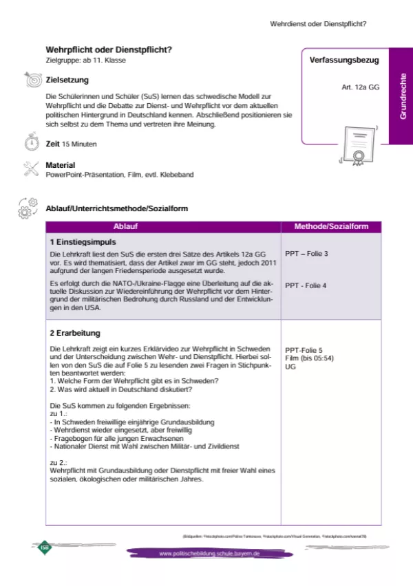 Unterrichtsplanung: Wehrpflicht oder Dienstpflicht? - Art. 12a GG (PDF)