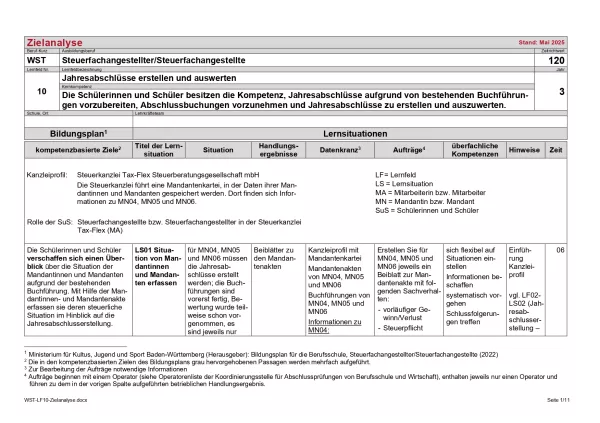 Unterrichtsplanung: Zielanalyse Lernfeld 10 - Jahresabschlüsse erstellen und auswerten (DOCX)