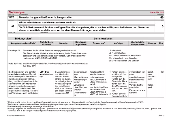 Unterrichtsplanung: Zielanalyse Lernfeld 9 - Körperschaftsteuer und Gewerbesteuer ermitteln (PDF, barrierefrei)