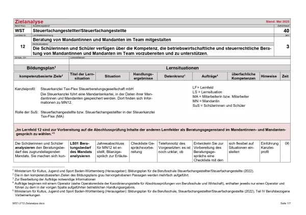 Unterrichtsplanung: Zielanalyse Lernfeld 12 - Beratung von Mandantinnen und Mandanten im Team mitgestalten (DOCX)