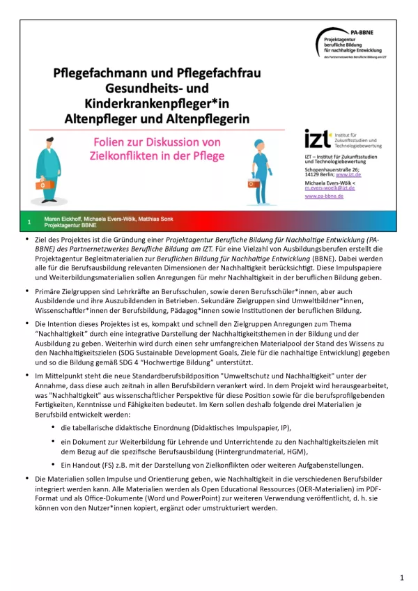 Handreichung: BBNE für Gesundheits- und Kinderkrankenpfleger/innen - Handreichung