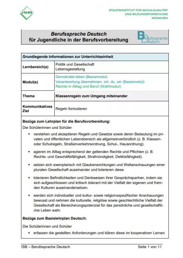 Unterrichtsplanung: Klassenregeln zum Umgang miteinander (PDF)