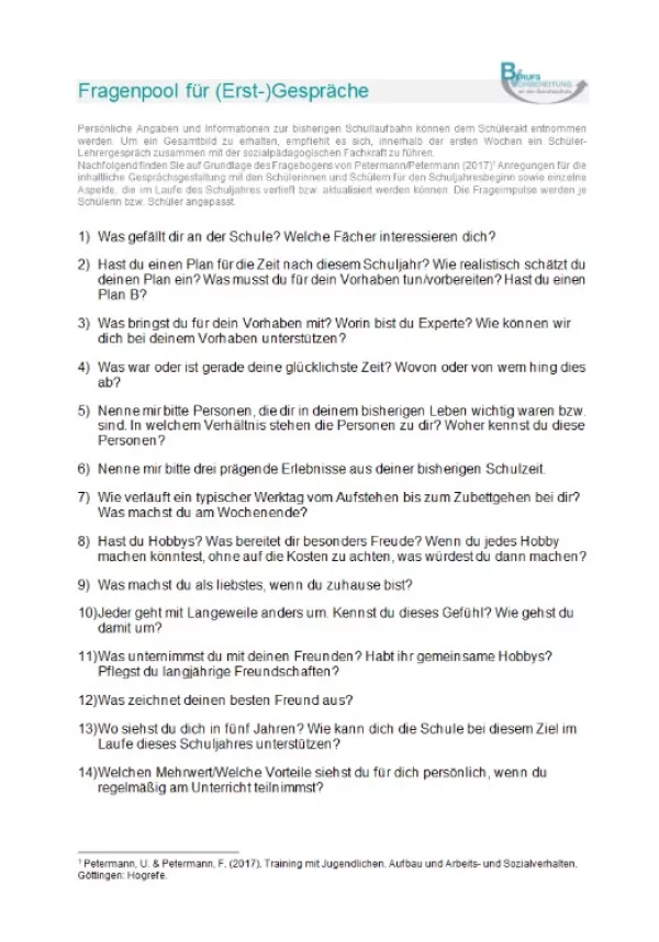 Sonstiges: Lernstandsfeststellung: Fragenpool für (Erst-) Gespräche (Deutsch)