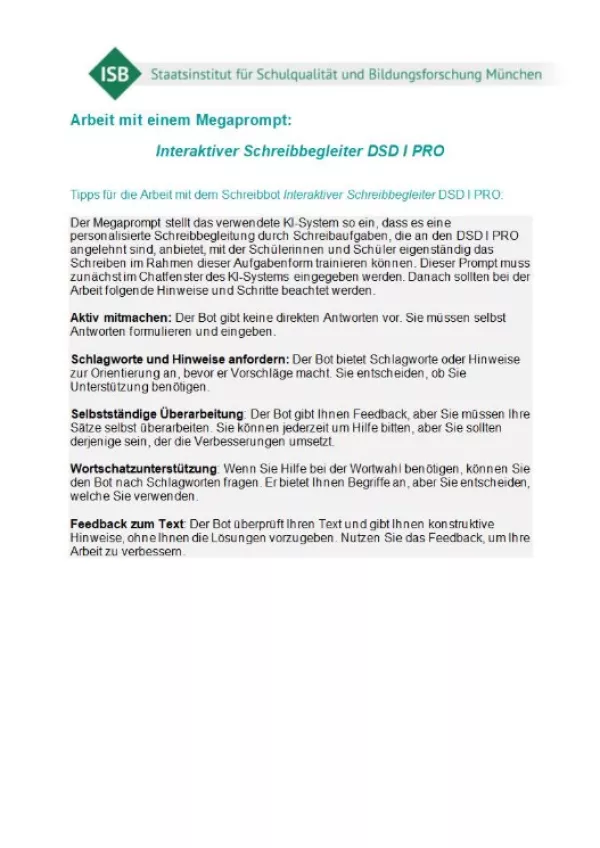 Text: Interaktive Schreibbegleiter DSD I PRO (KI): Veränderbarer Megaprompt