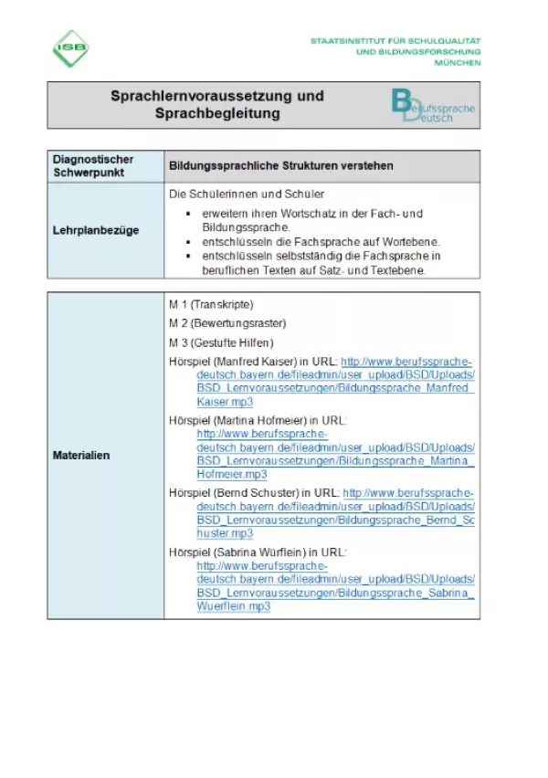 Unterrichtsplanung: Lernstandsfeststellung: Bildungssprachliche Strukturen: Paper-Pencil-Test