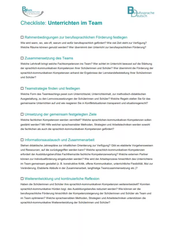 Sonstiges: Unterrichten im Team: Checkliste
